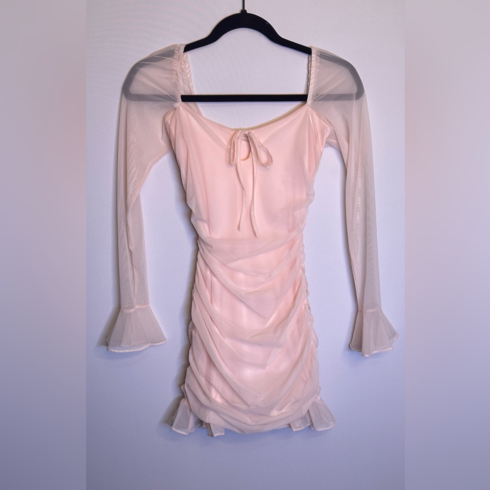 Oh Polly Blush Pink Ruched Mesh Mini Dress XS Sheer Sleeve Bodycon